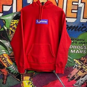 Supreme purple on red box logo hoodie
